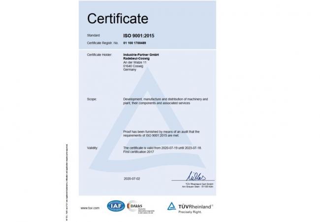 IP sucessfully passed the quality management audit according to DIN EN ISO 9001:2015